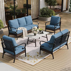 5 Piece Metal Outdoor Patio Furniture Set, Patio Conversation Sets with 3-Seater Sofa, Loveseat, 2 Fixed Sofa (5.75" Thick Cushion) & Coffee Table Black Backyard Furniture, Denim Blue