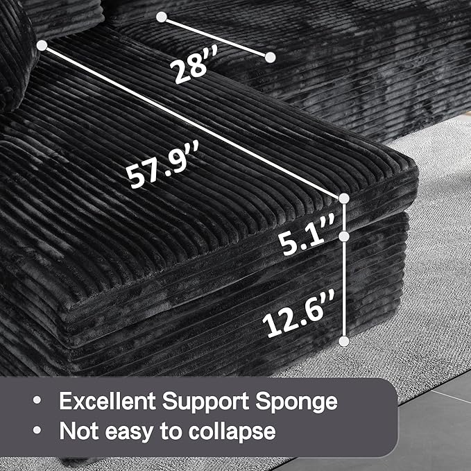 108-inch Boneless Couch for Living Room，Comfy Boneless Sofa with Deep Seats & Chaise Lounge, 3-Seat Modular Sofa Memory Foam Sectional Couches - No Assembly Required(Dark Black)