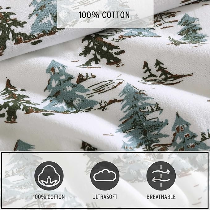 Eddie Bauer - Flannel Sheets Full Size, Anti-Pilling & Wrinkle Resistant Cotton, Touchably Soft for All-Season Comfort - Bed Sheets with Matching Pillowcases & Fitted Sheet (Snowy Pine Trees Green)
