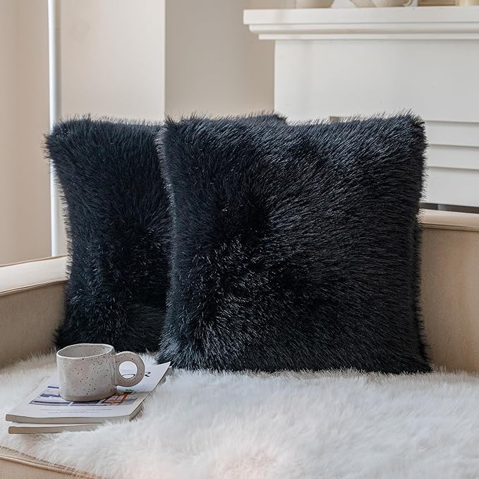 Neelvin Black Faux Fur Cozy Fluffy Double-Sided Decorative Throw Pillow Covers 22x22 inch Set of 2,Velvet Pillowcase Cushion Case for Sofa Couch