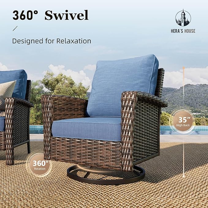 HERA'S HOUSE Outdoor Furniture with High Back Swivel Chairs, 4-Piece Patio Conversation Sets with 5.5" Thick Cushion, Deep Seating Wicker Rattan Sofa Set for Deck Lawn Deck Yard, Blue