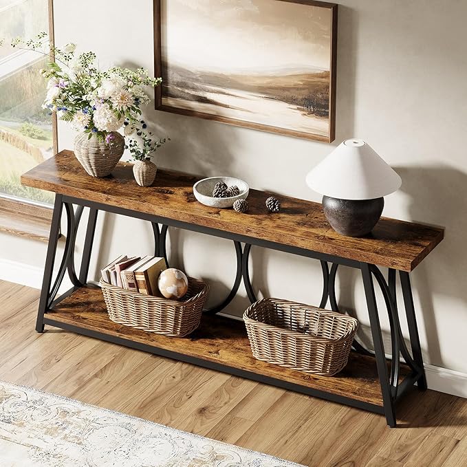 Tribesigns 2 Tiers Narrow Entryway Console Table, 71-Inch Long Industrial Wooden Sofa Table Behing The Couch with Storage Shelf and Metal Frame for Lving Room, Entrane, Hallway, Brown & Black