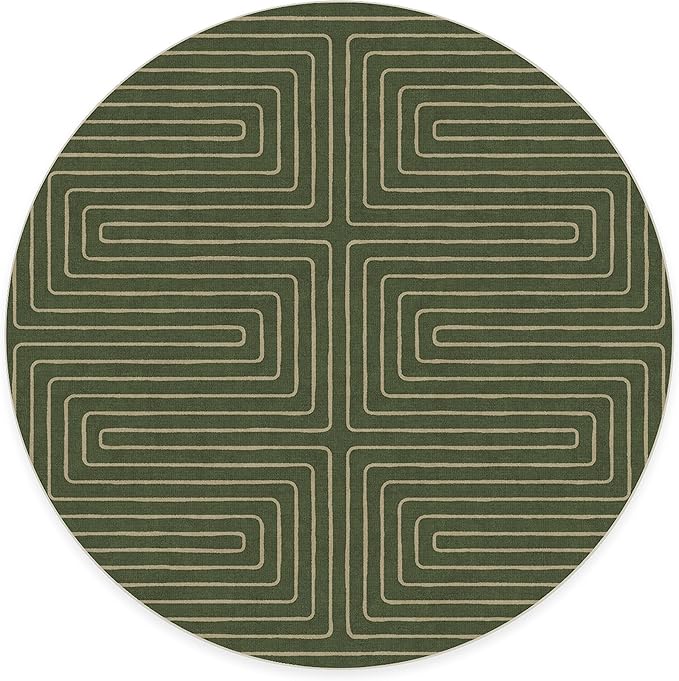 RUGGABLE x Jonathan Adler Machine Washable Area Rug – Labyrinth Fern Green 8 ft Round, Stain-Resistant, Non-Slip – Large Rugs for Living Room, Bedroom, Hallway, Entryway & Office–with Standard Pad