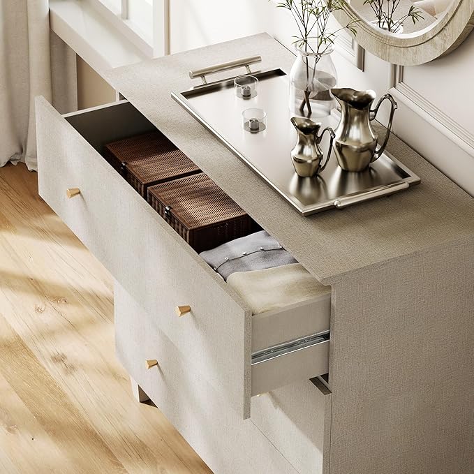 WAMPAT 6-Drawer Kids Dresser for Bedroom, 2-in-1 Modern Large Chest of Drawers with Gold Knobs, 71 Inch Wide Linen Printed Finish Wood Children Dresser for Baby Room, Nursery, Dark Beige