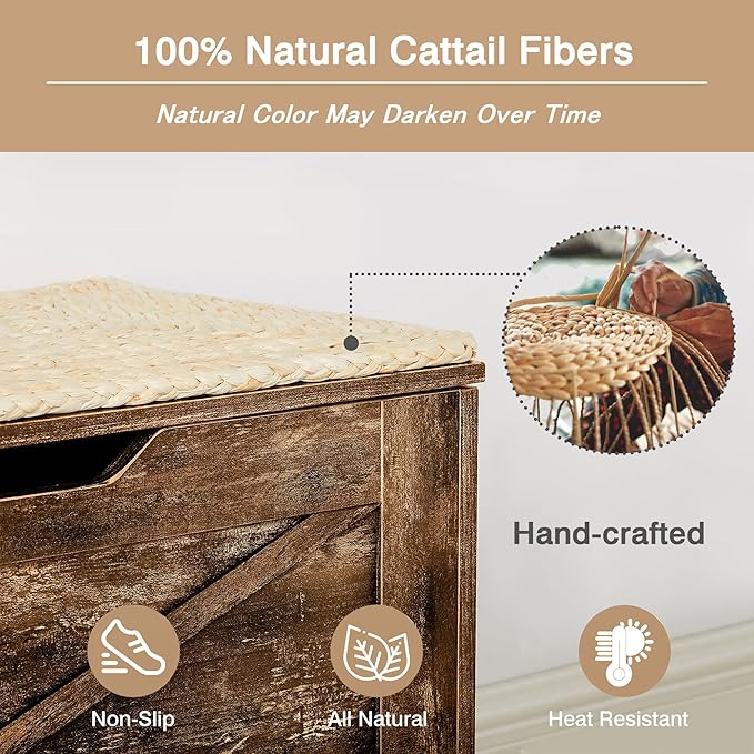 VECELO 30" Storage Bench, Entryway Shoe Ottoman, Farmhouse Style Bench with Handwoven Cushion and Metal Safety Hinges, for Bedroom, Living Room, Entryway, Brown