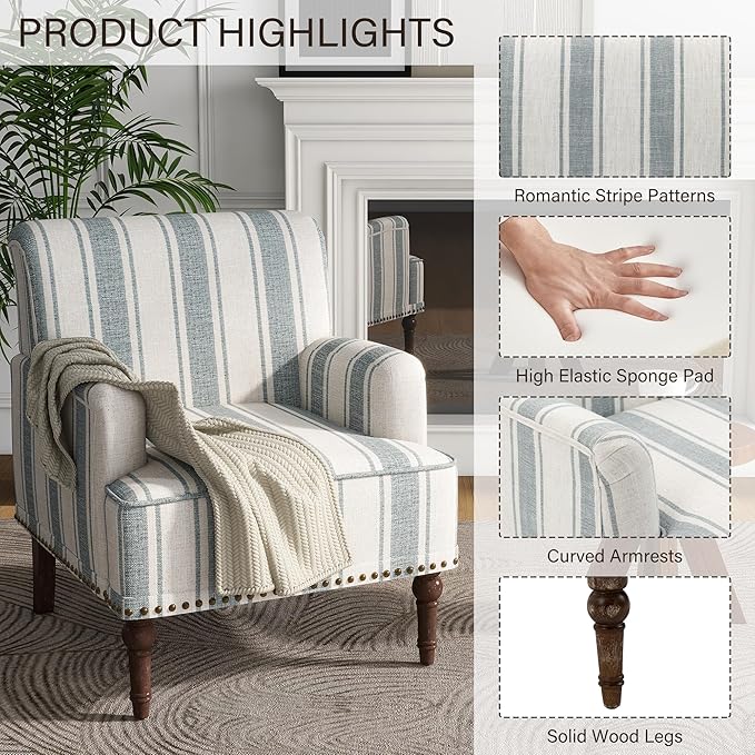 UIXE Stripe Accent Chairs Set of 2, Living Room Arm Chair Modern Nailhead Trim Club Armchair, Comfy Upholstered Sofa Lounge Seat Reading Seat Bedroom Side Seating for Home Office, Blue