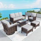 6 Piece Patio Furniture Set with Swivel Chairs, High Back Wicker Rattan Sofa with Extra Thick Cushion, Coffee Table and Ottoman, Outdoor Conversation Set for Backyard Deck, Grey