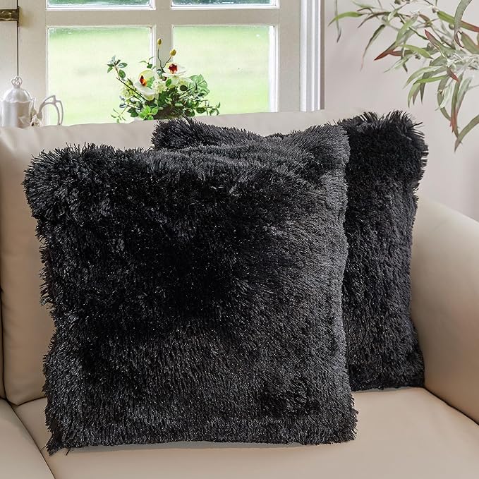 Cheer Collection Throw Pillows for Couch and Bed, Soft Shaggy Throw Pillows with Inserts Included, Cozy Long Hair Faux Fur Pillows - Set of 2-26" x 26" Black