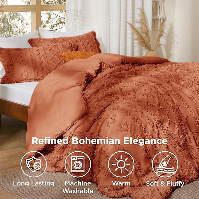 Bedsure Tufted Boho Comforter Set Full Size - Terracotta Boho Bed Set, GentleSoft™ 3 Pieces Farmhouse Shabby Chic Embroidery Bedding, Gifts for Woman, Soft Jacquard Full Comforter for All Seasons