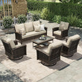 Luxury Patio Furniture Set with 5.5" Thick Cushion, Outdoor Wicker Conversation Set, 4 x High Back Swivel Patio Chairs with Tempered Glass Table, Waterproof 3-Seat Sofa for Deck Lawn Deck Yard, Beige