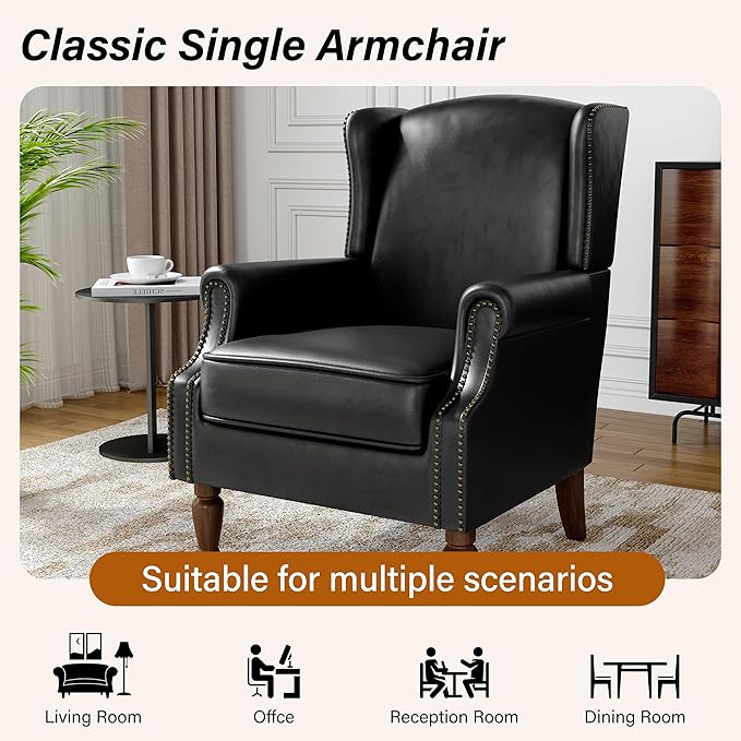 Faux Leather Wingback Accent Chair, High Back Upholstered Armchair, Comfy Fabric Wingback Arms Chairs with Solid Wood Legs, Single Sofa Reading Chair for Bedroom Living Room, Black