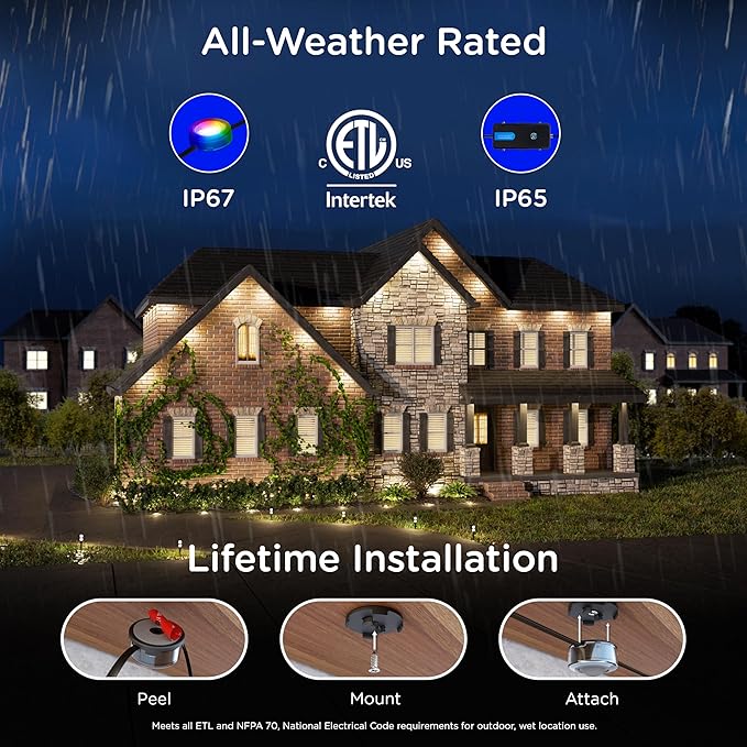 Enbrighten Vibe Eternity Accent Permanent Outdoor Lights for House, 50ft, 12 RGBWIC LEDs, Wide Spacing, 94lm, Tunable White, Everyday Eave Lighting, Smart App, Works with Alexa, Google Home, 85710