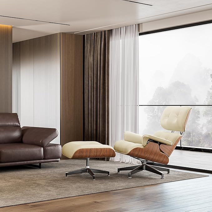 Top Cream White Grain Leather, Mid Century Chaise Lounge Chair and Ottoman, Modern Chair Classic Design, Walnut Wood, Heavy Duty Base Support for Living Room Office