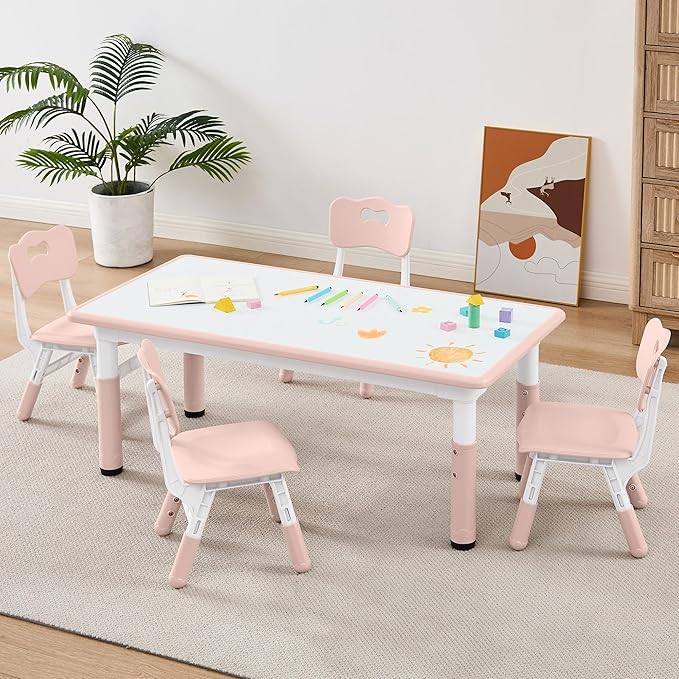 Adjustable Kids Table Chairs Set – Graffiti Desktop, Multi-Activity Height-Adjustable Toddler Study Desk for Ages 3-8 – Ideal for Home, Classroom, Daycare (B-Pink, 4 Chairs-47.2" L x 23.6" W)