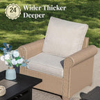 Patio Furniture Set 6 pcs, Wicker Outdoor Patio Furniture, 3-Seat Sofa, 4 Single Chairs and 56" Gas Fire Pit Table, Rattan Patio Conversation Set for Backyard Deck, Beige