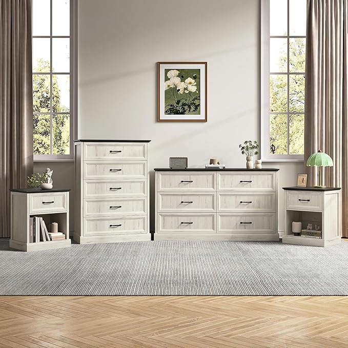 Farmhouse Dresser and Nightstand Sets, 4Pcs Bedroom Furniture Set, Nightstand Set of 2 & 55" Wide 6 Drawer and 44" Tall 5 Drawer Dresser with Large Drawers & Bar Handles, White