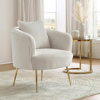Art Leon Velvet Accent Chair, Upholstered Modern Single Sofa Chair, Comfy Barrel Chair with Golden Metal Legs for Living Room Bedroom, Off White
