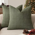 Foindtower Set of 2 Decorative Linen Check Throw Pillow Covers Neutral Farmhouse Vintage Cushion Covers Modern Boho Home Decor for Sofa Chair Couch Bedroom Living Room,24×24 Inch,Olive Green