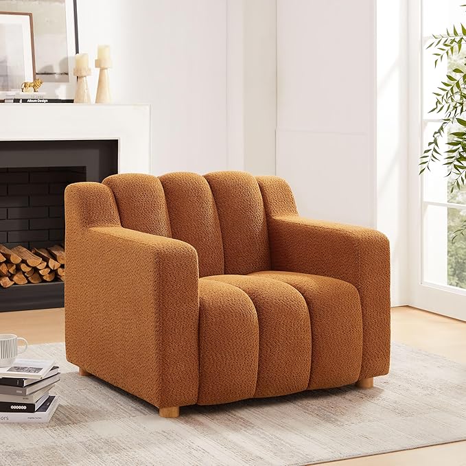 VANOMi Oversized Accent Chair, Modern Living Room Chairs, Comfy Boucle Fabric Upholstered Armchair for Bedroom, Office, Waiting Room (Curry)