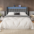 SHA CERLIN Full Size Bed Frame with Charging Station and LED Lights, Modern Velvet Platform Bed with Upholstered Geometric Wingback Headboard, No Box Spring Needed, Easy Assembly, Grey