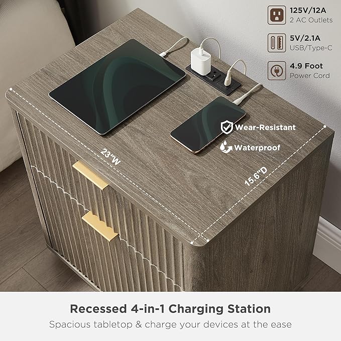 T4TREAM 23'' Fluted Nightstand Set of 2 with Charging Station, Large 2 Drawer Side Table, Modern End Table with Storage, Mid Century Bedside Table for Bedroom, Living Room, Curved Profile, Grey Alder