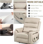 Power Lift Recliners Chairs for Elderly Adults Lay Flat Recliner with Heat & Massage, Wireless Charging Device, USB Ports, Cup Holder, Lumbar Pillow, 400Lbs（Grainy Fibric,Oatmeal）