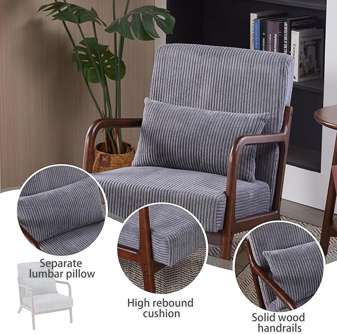 Accent Chairs, Set of 2 Mid-Century Modern Chair with Pillow, Armchair with Solid Wood, Reading Relaxing Leisure Chair for Living Room（Dark Grey）