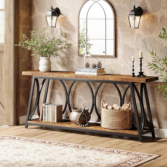 Tribesigns 2 Tiers Narrow Entryway Console Table, 71-Inch Long Industrial Wooden Sofa Table Behing The Couch with Storage Shelf and Metal Frame for Lving Room, Entrane, Hallway, Brown & Black