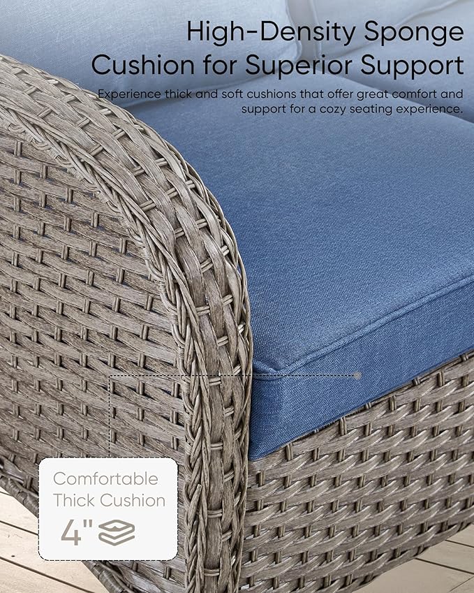 HUMMUH Wicker Patio Furniture Set-All Weather Rattan Patio Sofa Set with Swivel Rocker Chairs Outdoor Conversation Set for Deck Lawn Porch Balcony Poolside-Grey/Blue