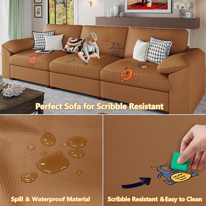 EASE MOOSE Oversized Modular Sectional Sofa,Modern Deep Seat Faux Leather Sectional,Extra Large L Shaped Couch,Comfy Scratch Resistant Material,Brown