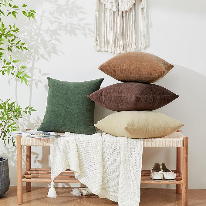 GAWAMAY Decorative Square Throw Pillow Covers 22"x22" Inch Set of 2, Super Soft Chenille Pillows Farmhouse Pillowcase for Living Room Bedroom Sofa Couch Cushion Cover Dark Green 55x55cm (No Insert)
