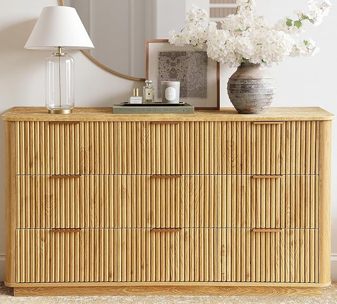 win2win 9 Drawer Dresser, Mid Century Modern Dresser with Storage, 55" Wide Fluted Chest of Drawers with Faux Marble Top, Dressers TV Stand, Drawers Organizer for Bedroom, Living Room, Hallway Oak