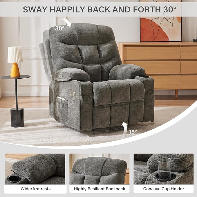 Manual 360°Swivel Rocker Recliner Chair,Single Recliner Seat with Cup Holders,Recliner Chairs for Adults, Upholstered Fabric Lazy Boy Recliner for Bedroom,Living Room,Dark Grey