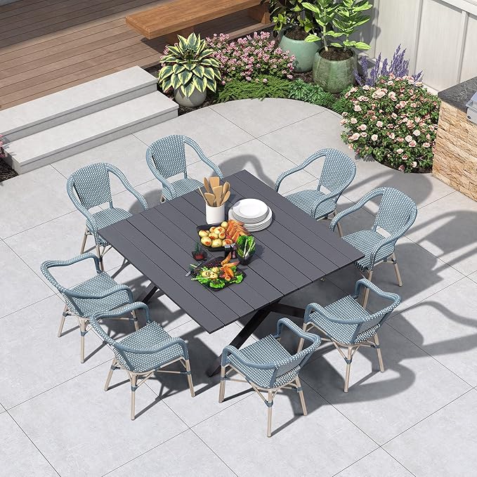 PURPLE LEAF 9 Pieces Outdoor Dining Set Patio Furniture Set with Large Aluminum Table and French Wicker Chairs for Garden Backyard Light Blue Patio Dining Set