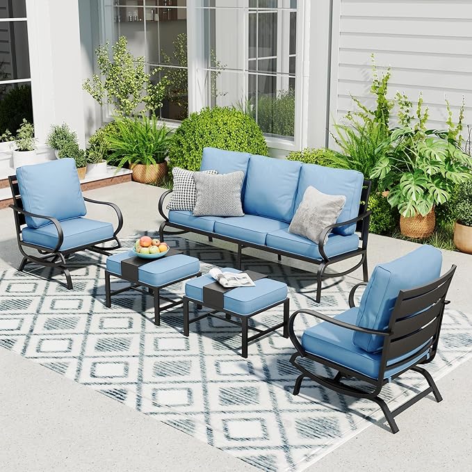 Sophia & William Patio Furniture Sets 5 Seats Outdoor Metal Conversation Sets 5 Pcs with 2 x Cushioned Swivel Sofa Chairs,1 x 3-Seat Sofa,2 x Ottomans for Coffee Lawn Backyard Poolside Blue