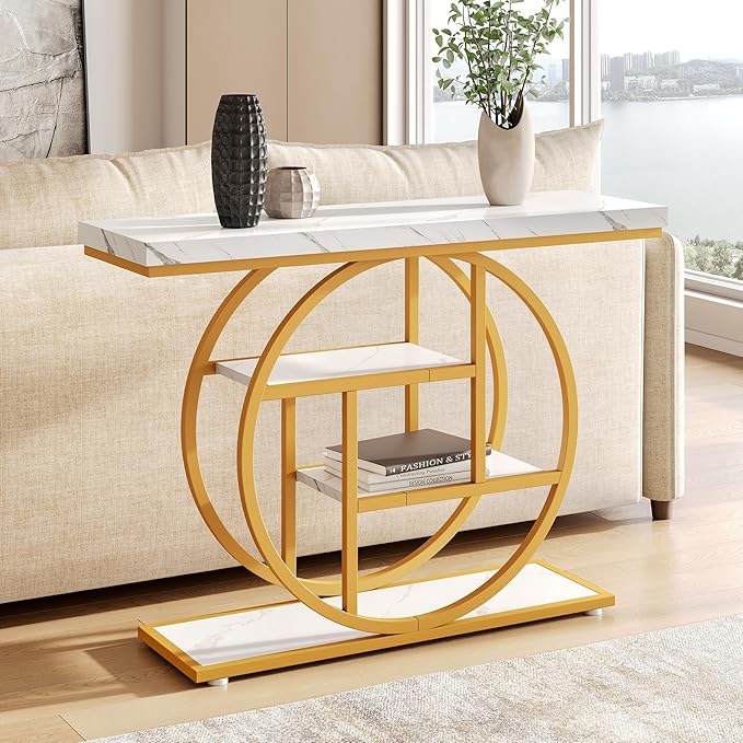 LITTLE TREE Console Table, 4-Tier Entryway Table Behind Couch Table, 41.3-Inch Modern Sofa Table for Living Room, Foyer Hallway Table for Entrance, White and Gold