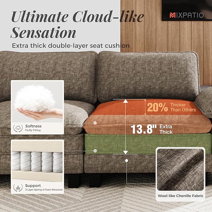 157-Inch L Shaped Sectional Sofa with Cloud Cushions, Deep Seat Modular Couch Set w/ 5 Seats & 1 Ottomans, Removable Arms, Plush Chenille Upholstery for Living Room, Apartment - Smoky Gray