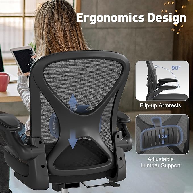 ZZH Ergonomic Office Chair Set of 4 with Adjustable Lumbar Support, Mesh Home Office Desk Chair with Wheels and Flip-up Arms, Black