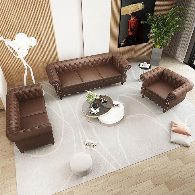 2 Piece Living Room Furniture Set, Faux Leather Loveseat and Chair Set, Mid Century Modern Upholstered Sofa Couch with Cushions, Vintage Comfy Tufted Chesterfield Couches for Bedroom, Office (Brown)