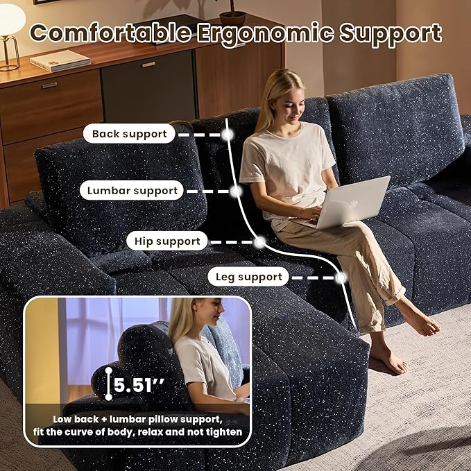 114" Glitter Cloud Sectional Couch with L-Shape Chaise & Ottoman, Modern Boneless Couches for Living Room, Fluffy Tufted Deep Seat Modular Sofa No Assembly (Blue Sparkly Velvet,Left Facing)