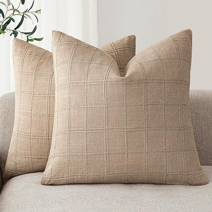 Foindtower Set of 2 Decorative Linen Check Throw Pillow Covers Neutral Farmhouse Vintage Cushion Covers Modern Coastal Boho Home Decor for Sofa Chair Couch Bedroom Living Room,26×26 Inch,Camel