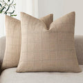 Foindtower Set of 2 Decorative Linen Check Throw Pillow Covers Neutral Farmhouse Vintage Cushion Covers Modern Coastal Boho Home Decor for Sofa Chair Couch Bedroom Living Room,26×26 Inch,Camel