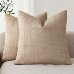 Foindtower Set of 2 Decorative Linen Check Throw Pillow Covers Neutral Farmhouse Vintage Cushion Covers Modern Coastal Boho Home Decor for Sofa Chair Couch Bedroom Living Room,26×26 Inch,Camel