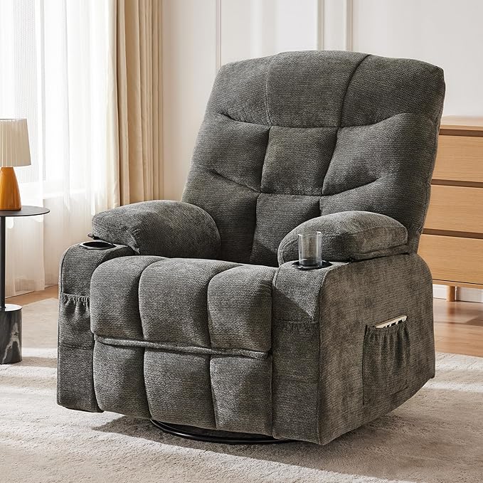 Manual 360°Swivel Rocker Recliner Chair,Single Recliner Seat with Cup Holders,Recliner Chairs for Adults, Upholstered Fabric Lazy Boy Recliner for Bedroom,Living Room,Dark Grey