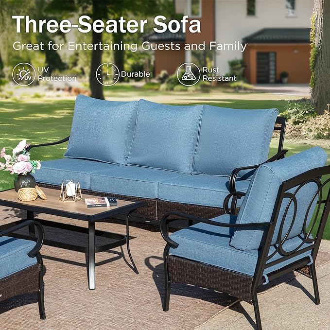Patio Furniture Set with 56" Fire Pit Table, Premium Outdoor Wicker Metal Frame Furniture with Upgraded Waterproof Thick Cushions for Porch, Poolside, Deck, and Yard （4 Pieces,Navy