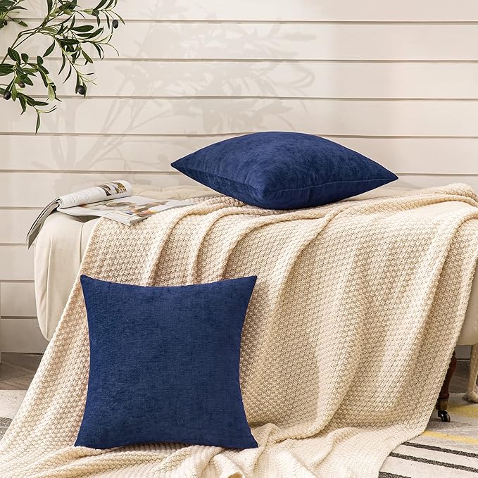 GAWAMAY Decorative Square Throw Pillow Covers 20"x20" Inch Set of 2, Super Soft Chenille Pillows Farmhouse Fall Pillowcase for Living Room Bedroom Sofa Couch Cushion Cover Navy Blue 50x50cm