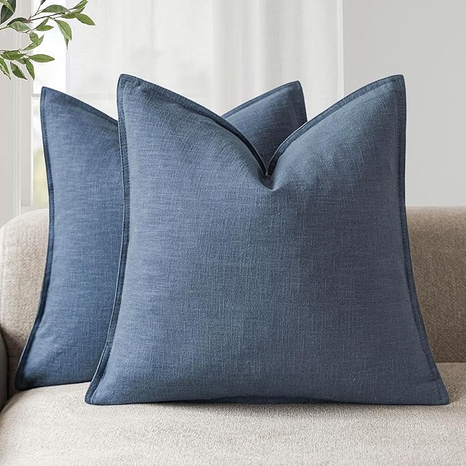 Foindtower Pack of 2, Decorative Linen Soild Throw Pillow Covers Soft Accent Euro Cushion Case Farmhouse Neutral Pillowcase for Chair Couch Sofa Bedroom Living Room Home Decor 18 x 18 Inch Dark Blue