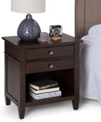 SIMPLIHOME Carlton Bedside Table - 24 inch Wide Solid Wood Nightstand Table in Dark Tobacco Brown, Transitional Bedroom Side or End Table with 2 Drawers, Open Storage Shelf and Bronze Hardware