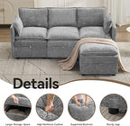 80"Cloud Modular 3 Seater Sofa with Storage Ottoman, Modern Upholstered Storage Sofa Couch Deep Seat, L Shape Sectional Sofa Chenille Comfy Couch with Armrests for Living Room, Small Space, Light Grey