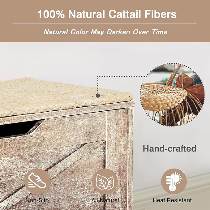 VECELO 30" Storage Bench, Entryway Shoe Ottoman, Farmhouse Style Bench with Handwoven Cushion and Metal Safety Hinges, for Bedroom, Living Room, Entryway, Wood